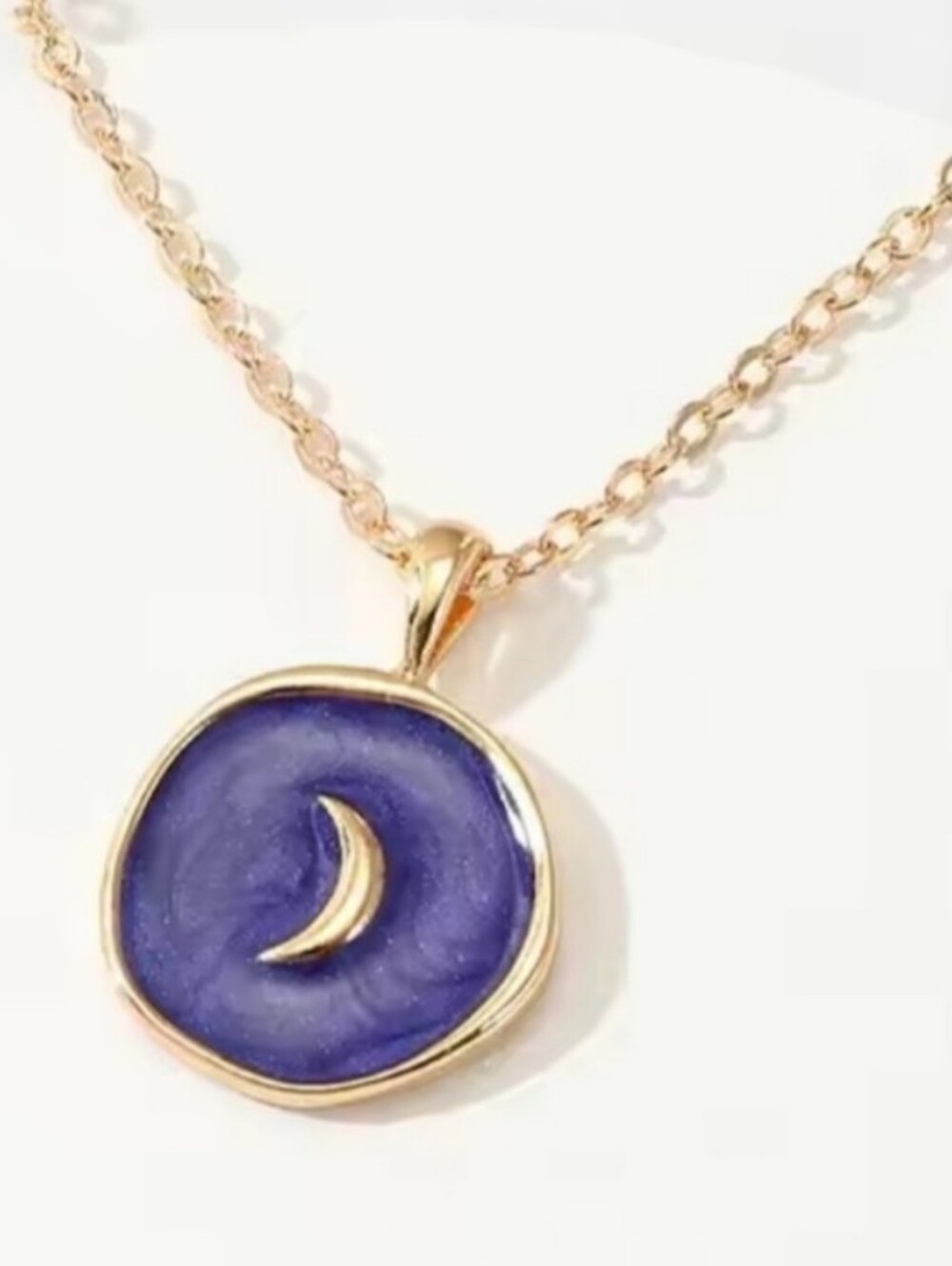 Gold Blue Enamel Moon Necklace